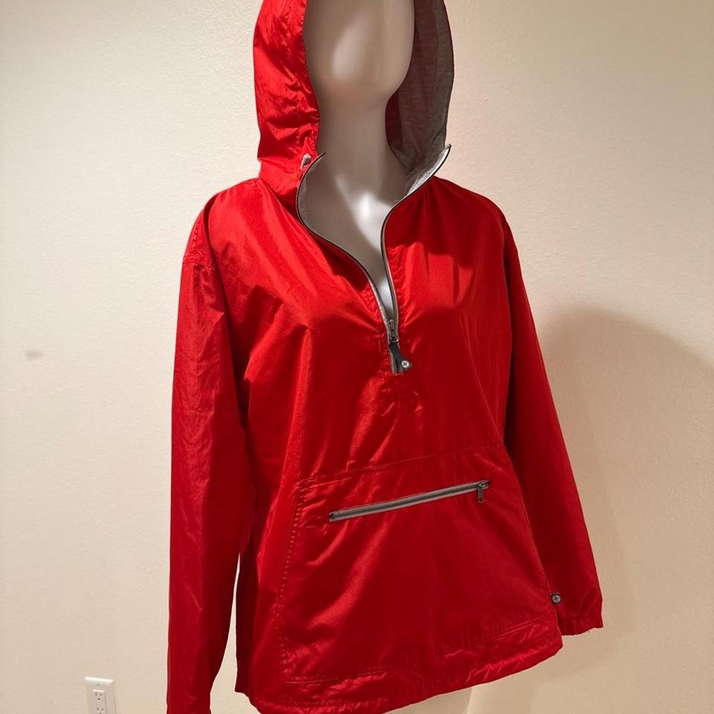 Lauren James red windbreaker jacket with gray hood, size L